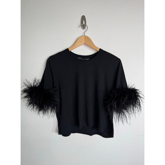 Veronica Beard Tops - Veronica Beard Womens Feather Trimmed Tshirt Black Size Small Cotton